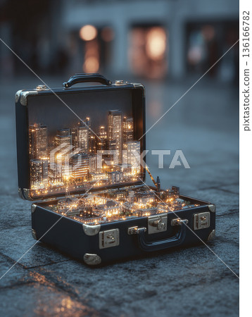 open briefcase with glowing miniature model of the city, generative ai 136166782