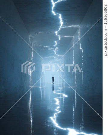 person walking though the tunnel with lightnings, generative ai 136166808