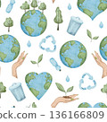 Seamless pattern of International Mother Earth Day. Ecology design with planet, recycling icon, trees. Watercolor hand drawn illustration for fabric, textile, wallpaper, packaging. Upcycling and 136166809