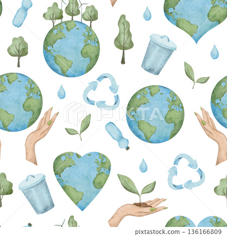 Seamless pattern of International Mother Earth Day. Ecology design with planet, recycling icon, trees. Watercolor hand drawn illustration for fabric, textile, wallpaper, packaging. Upcycling and Seamless pattern of International Mother Earth Day. Ecology design with planet, recycling icon, trees. Watercolor hand drawn illustration for fabric, textile, wallpaper, packaging. Upcycling and 136166809