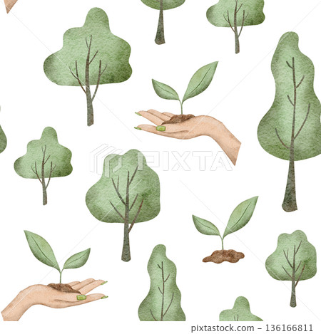 Seamless pattern with Ecology design. Watercolor hand drawn trees illustration for fabric, textile, wallpaper, packaging. Upcycling and downcycling signs Seamless pattern with Ecology design. Watercolor hand drawn trees illustration for fabric, textile, wallpaper, packaging. Upcycling and downcycling signs 136166811