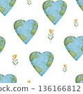 Seamless pattern of International Mother Earth Day. Ecology design with heart planet and flowers. Watercolor hand drawn illustration for fabric, textile, wallpaper, packaging. Recycling, upcycling and 136166812