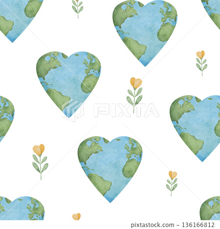 Seamless pattern of International Mother Earth Day. Ecology design with heart planet and flowers. Watercolor hand drawn illustration for fabric, textile, wallpaper, packaging. Recycling, upcycling and Seamless pattern of International Mother Earth Day. Ecology design with heart planet and flowers. Watercolor hand drawn illustration for fabric, textile, wallpaper, packaging. Recycling, upcycling and 136166812