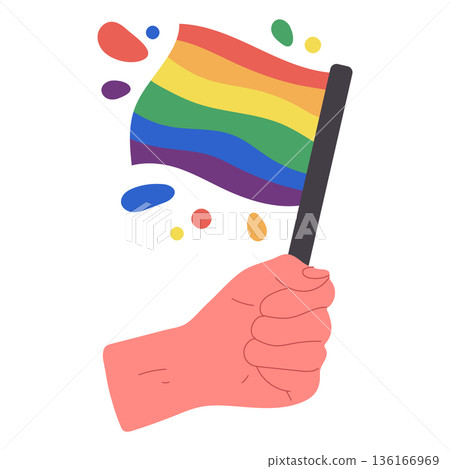 Hand holding gay pride rainbow flag. Cartoon human hand with rainbow lgbt movement flag flat vector illustration. Symbol of sexual minorities in hand on white background 136166969