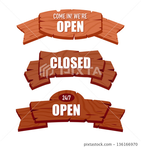 Open or closed wood sign boards. Hanging information boards for bar, cafe or restaurant, retail store wood board flat vector illustration set. Wooden open or closed sign boards Open or closed wood sign boards. Hanging information boards for bar, cafe or restaurant, retail store wood board flat vector illustration set. Wooden open or closed sign boards 136166970