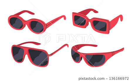 Red sunglasses. Trendy plastic shades frames, fashion eyewear accessories flat vector illustration set. Cartoon fashionable stylish sunnies collection 136166972