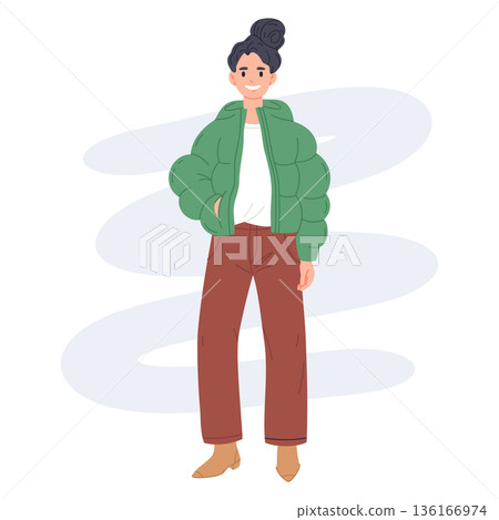 Stunning woman. Stylish fashionable trendy girl wearing casual outfit flat vector illustration. Modern fashion look on white background Stunning woman. Stylish fashionable trendy girl wearing casual outfit flat vector illustration. Modern fashion look on white background 136166974