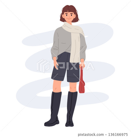 Stylish girl. Fashionable trendy woman wearing casual outfit flat vector illustration. Modern fashion look Stylish girl. Fashionable trendy woman wearing casual outfit flat vector illustration. Modern fashion look 136166975