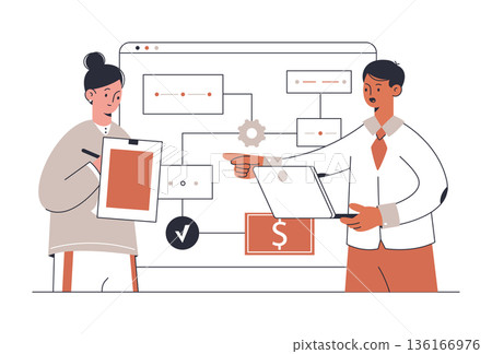 Team lead chatting with employee. Busy business characters, office team communication and cooperation flat vector illustration. Tasks from boss concept 136166976