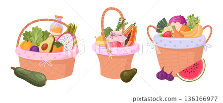 Wicker picnic baskets. Fresh vegetables in hamper basket, wicker basket flat vector illustration set. Handle picnic basket with veggies and fruits on white 136166977