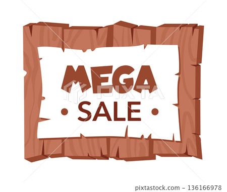 Wooden signboard with discount. Mega sale wood board, paper placard with sale advertising on wood sign flat vector illustration. Hanging mega sale offer sign 136166978