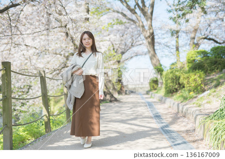 A woman enjoying sightseeing under the cherry blossom trees in spring A woman enjoying sightseeing under the cherry blossom trees in spring 136167009