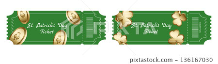 Set of green Saint Patrick Day festival tickets with gold coins and shamrocks 136167030