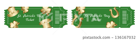 Set of green Saint Patrick Day festival tickets with gold hats shamrocks and horseshoes 136167032