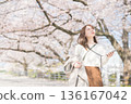 一個女人走在櫻花盛開 136167042