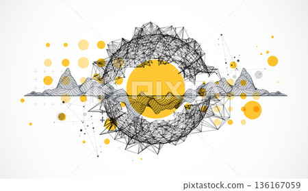 Abstract image of a wireframe sphere with a plexus effect. Science and technology creative theme. Vector. Abstract image of a wireframe sphere with a plexus effect. Science and technology creative theme. Vector. 136167059