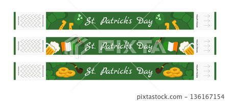 Set of green festival wristbands for Saint patrick day with shamrocks leprechaun gold Ireland flag beer hats and pipe Set of green festival wristbands for Saint patrick day with shamrocks leprechaun gold Ireland flag beer hats and pipe 136167154