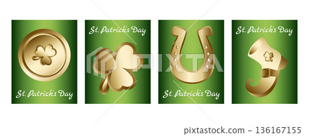 Set of vertical St. Patricks Day banners and greeting cards with leprechaun gold coins, shamrocks, horseshoes and leprechaun boots, Irish festive theme 136167155