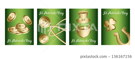 Set of vertical St. Patricks Day banners and greeting cards with leprechaun gold coins, beard, hat, horseshoes, beads and shamrocks, Irish celebration 136167156