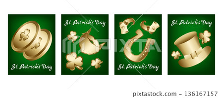 Set of vertical St. Patricks Day banners and greeting cards with golden leprechaun coins, horseshoes, shamrocks, beard and leprechaun hat, Irish festive design Set of vertical St. Patricks Day banners and greeting cards with golden leprechaun coins, horseshoes, shamrocks, beard and leprechaun hat, Irish festive design 136167157