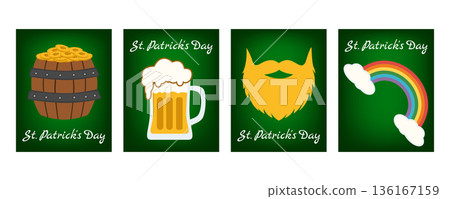 Set of vertical St. Patricks Day banners and greeting cards with beer glass, rainbow, leprechaun gold barrel and festive Irish symbols Set of vertical St. Patricks Day banners and greeting cards with beer glass, rainbow, leprechaun gold barrel and festive Irish symbols 136167159