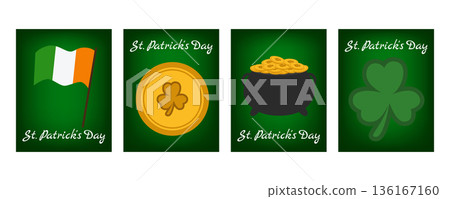 Set of vertical St. Patricks Day banners and greeting cards with Irish flag, leprechaun gold pot, shamrocks and festive decorations, Irish holiday celebration 136167160