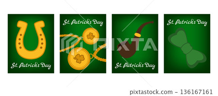 Set of vertical St. Patricks Day banners and greeting cards with shamrocks, horseshoes, beads, bow, decorations and smoking pipe, Irish holiday celebration 136167161