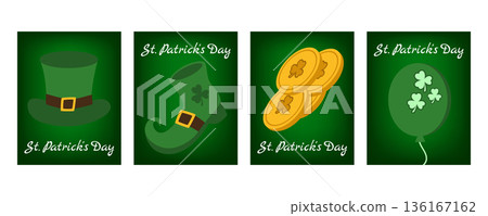 Set of vertical St. Patricks Day banners and greeting cards with shamrocks, balloon, leprechaun gold, leprechaun hat and boots, festive Irish theme 136167162