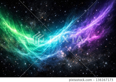 極光般的離子麵紗星雲，翠綠、青色和紫色交織的光帶背景。 136167173