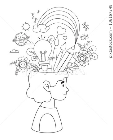 Outline Mental Health. Coloring Page with Creative Mind and Art Therapy. Girl with Art Tools Lightbulb Rainbow and Flowers. Concept with Ideas Harmony, Hobby, Wellness. Vector Illustration Not AI 136167249