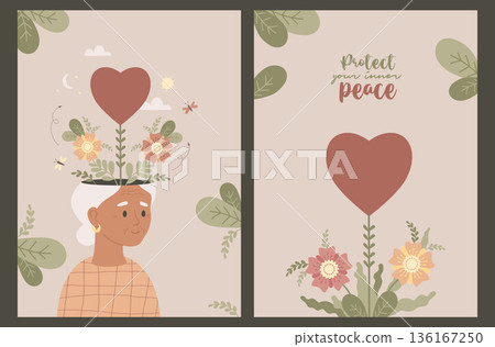 Mental Health Poster. Senior Black Woman with Blooming Heart, Flowers and Peace Symbols. Isolated African American Elderly Wellness Vector Flat Illustration. Not AI Mental Health Poster. Senior Black Woman with Blooming Heart, Flowers and Peace Symbols. Isolated African American Elderly Wellness Vector Flat Illustration. Not AI 136167250