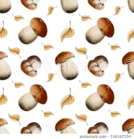 Seamless pattern with porcini mushrooms and autumn leaves isolated on a white background. Perfect for packaging, textiles, wallpaper, and eco-friendly design. Watercolor illustration, hand painted Seamless pattern with porcini mushrooms and autumn leaves isolated on a white background. Perfect for packaging, textiles, wallpaper, and eco-friendly design. Watercolor illustration, hand painted 136167254