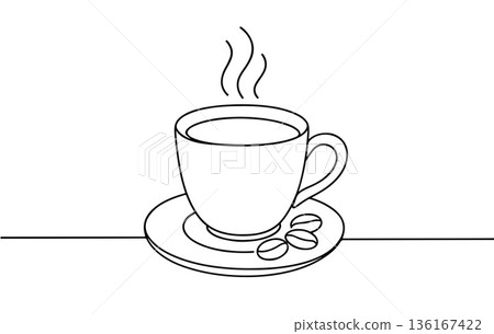 steaming coffee cup on saucer with coffee beans. black and white line art doodle style 136167422