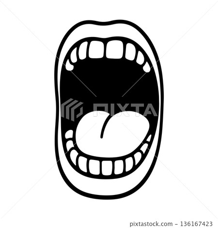 Open mouth showing teeth, tongue, and uvula. Black and white line art illustration Open mouth showing teeth, tongue, and uvula. Black and white line art illustration 136167423