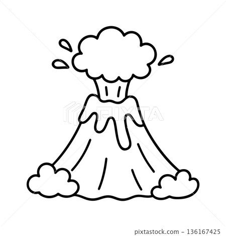 Erupting volcano with smoke clouds and lava flow. black and white line art doodle style 136167425