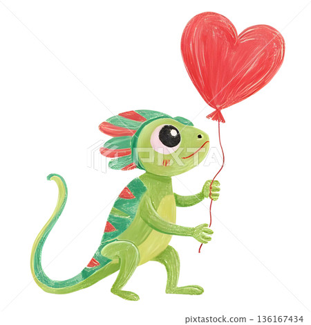 Chameleon holding a heart balloon 136167434