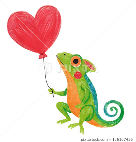Chameleon holding a heart balloon Chameleon holding a heart balloon 136167436