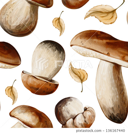 Seamless pattern with porcini mushrooms of different shapes and autumn leaves isolated on a white background. Perfect for packaging, textiles, wallpaper, Watercolor illustration, hand painted 136167440