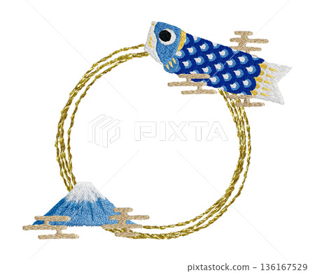 【藍鯉魚飄帶與富士山邊框】手工刺繡插圖材料 【藍鯉魚飄帶與富士山邊框】手工刺繡插圖材料 136167529