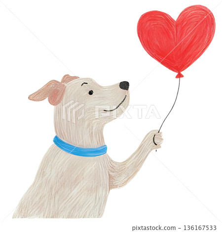 Dog holding a heart balloon Dog holding a heart balloon 136167533