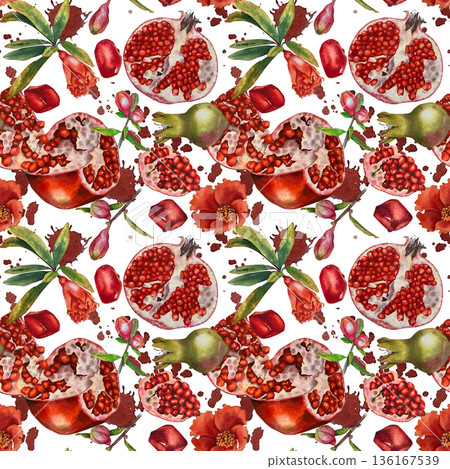 Watercolor seamless pattern whole pomegranates open fruit seeds flowers buds and leaves on a white background. Illustration for packaging kitchen decor cosmetics Jewish holidays and Rosh Hashanah. 136167539