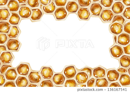Watercolor illustration of a golden honeycomb frame with hexagonal cells. Ideal for organic product labels, honey packaging, skincare, eco goods, and culinary design. 136167541
