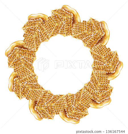 Watercolor wreath made of golden honeycombs dripping with honey. The circular design is perfect for product packaging, logo frames, organic branding, honey labels, or festive decorations. Watercolor wreath made of golden honeycombs dripping with honey. The circular design is perfect for product packaging, logo frames, organic branding, honey labels, or festive decorations. 136167544