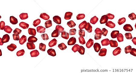Seamless watercolor border of scattered juicy pomegranate seeds. Illustration for packaging, textiles, wallpaper, scrapbooking, gift products, desserts, and juice labels. 136167547