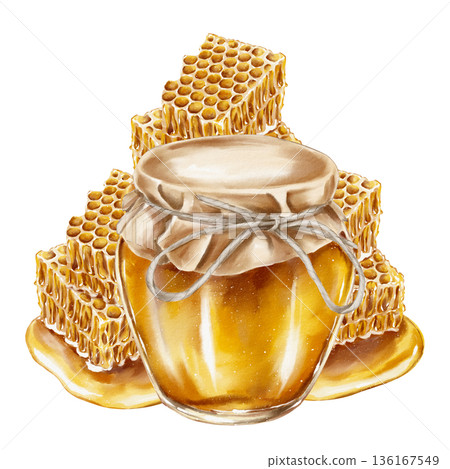 Watercolor illustration jar golden honey with kraft paper and surrounded by stacked dripping honeycombs. for food packaging eco branding herbal teas cosmetics Jewish holiday and wellness products. 136167549