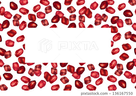 Watercolor frame made of bright red pomegranate seeds with empty central space. Illustration for packaging, menus, cards, banners, labels, greetings and decor. 136167550