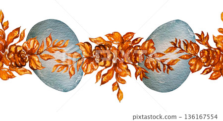 Watercolor seamless border with golden floral ornament and blue Easter eggs. Illustration for festive frames, greeting cards, packaging, stationery, textile and religious spring design projects. Watercolor seamless border with golden floral ornament and blue Easter eggs. Illustration for festive frames, greeting cards, packaging, stationery, textile and religious spring design projects. 136167554