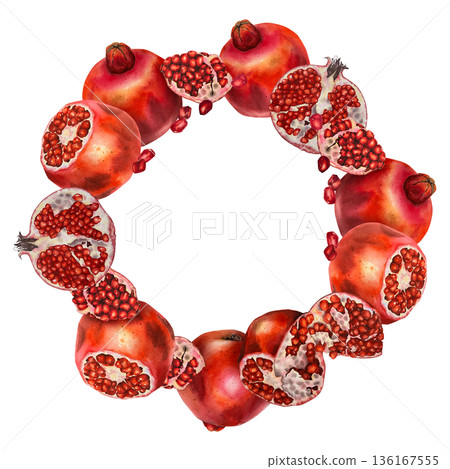 Round wreath made of whole and cut pomegranates with bright seeds, painted in watercolor style. Illustration for packaging design, labels, greeting cards, menus, stationery, and advertising. Round wreath made of whole and cut pomegranates with bright seeds, painted in watercolor style. Illustration for packaging design, labels, greeting cards, menus, stationery, and advertising. 136167555