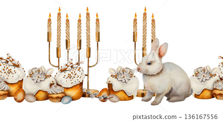 Watercolor seamless Easter border with rabbit animal, traditional cakes candles and painted eggs. Illustration for Christian and Catholic Easter, spring decor packaging invitations and festive design. 136167556