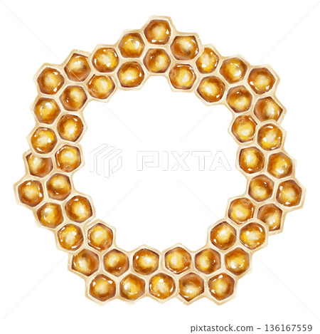 Watercolor illustration of a golden honeycomb wreath arranged in a circular shape. Ideal for honey packaging, organic food branding, eco cosmetics, and beekeeping product design. Watercolor illustration of a golden honeycomb wreath arranged in a circular shape. Ideal for honey packaging, organic food branding, eco cosmetics, and beekeeping product design. 136167559